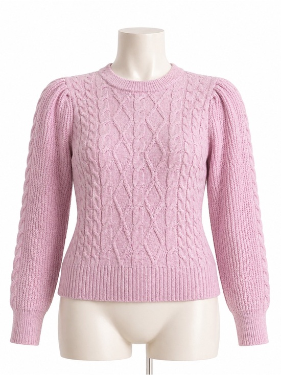 crown & ivy Sweaters - Crown & Ivy Pink Cable Knit Sweater Women’s Large Puff Sleeve Crewneck